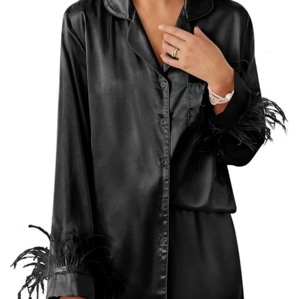 NWT- Black Satin Feather Trim Pajama Set